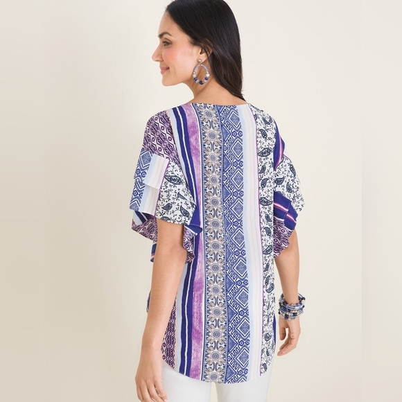 Chico Mixed-Print Flutter-Sleeve Top sz1 (8) - Picture 3 of 4